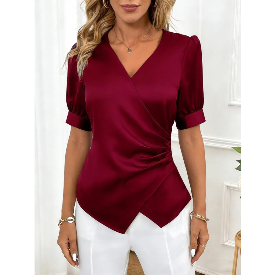 Satin V-Neck Wrap Blouse Burgundy / S Apparel and Accessories