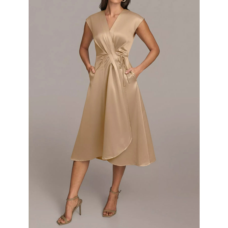 Satin Wrap Midi Dress with Pockets Beige / S Apparel and Accessories