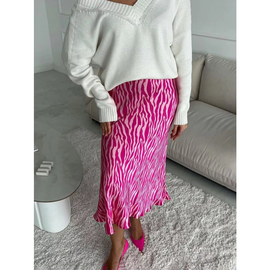 Satin Zebra Print Midi Skirt Apparel and Accessories