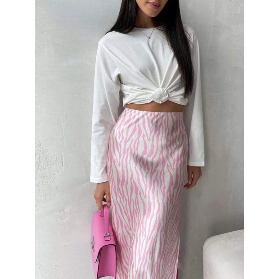 Satin Zebra Print Midi Skirt Apparel and Accessories