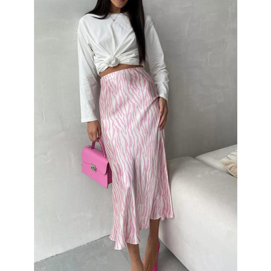 Satin Zebra Print Midi Skirt Apparel and Accessories