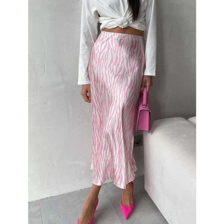 Satin Zebra Print Midi Skirt Apparel and Accessories