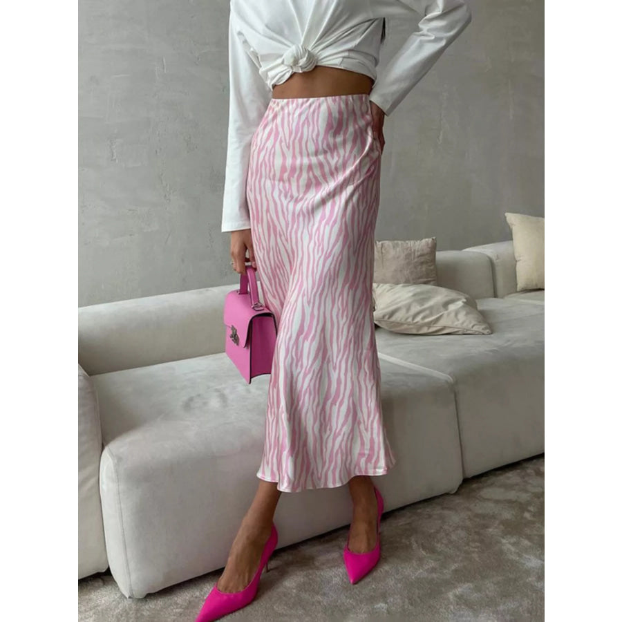 Satin Zebra Print Midi Skirt Dusty Pink / S Apparel and Accessories