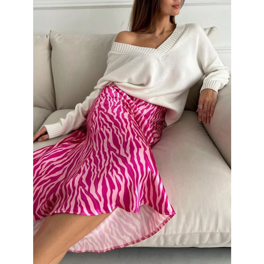 Satin Zebra Print Midi Skirt Hot Pink / S Apparel and Accessories