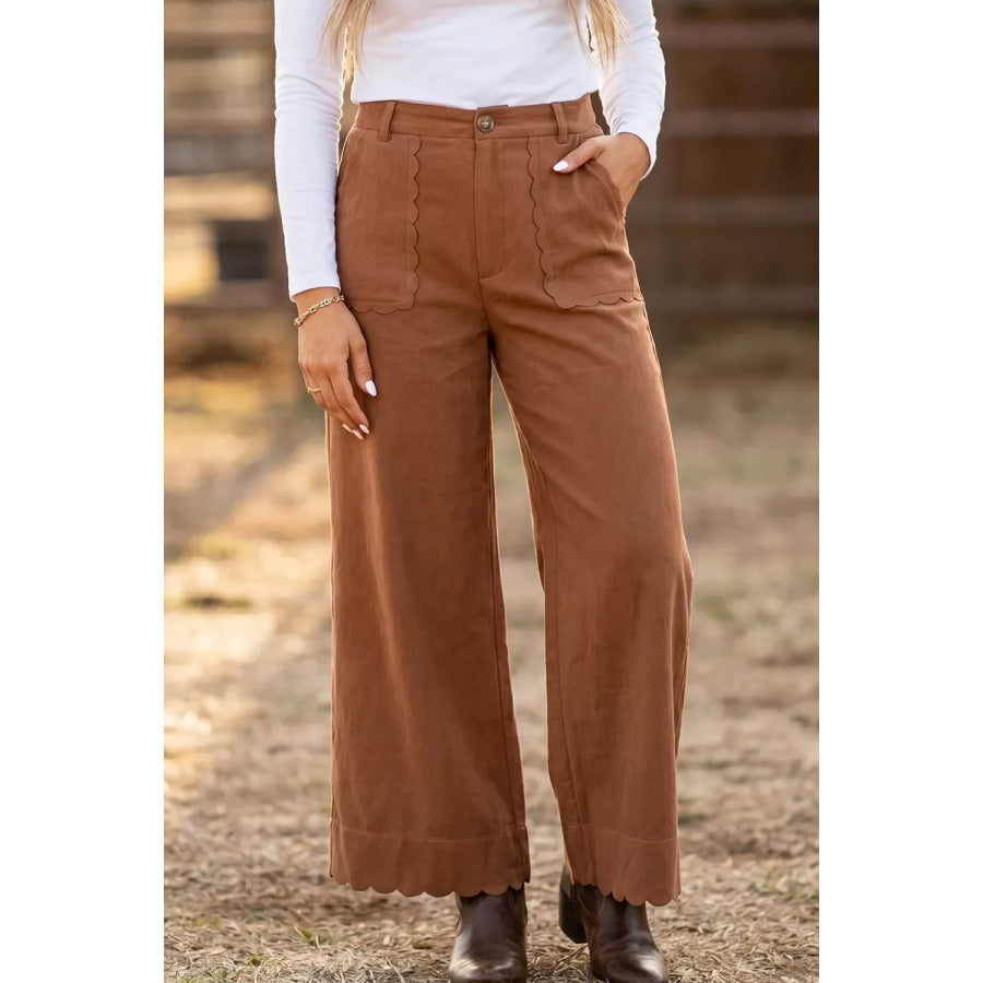 Scalloped Edge Pocket Full-Length Pants Caramel / S Apparel and Accessories