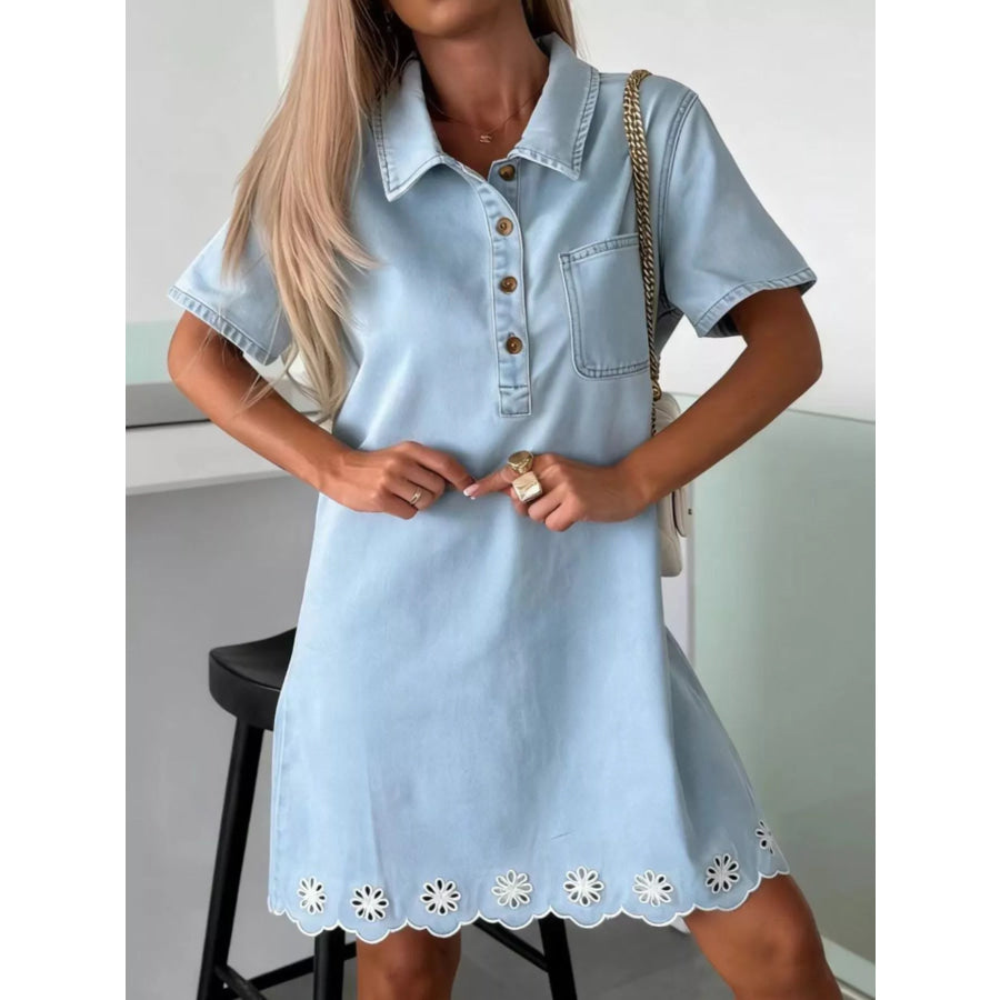 Scalloped Floral Hem Denim Dress Light Blue / S Apparel and Accessories
