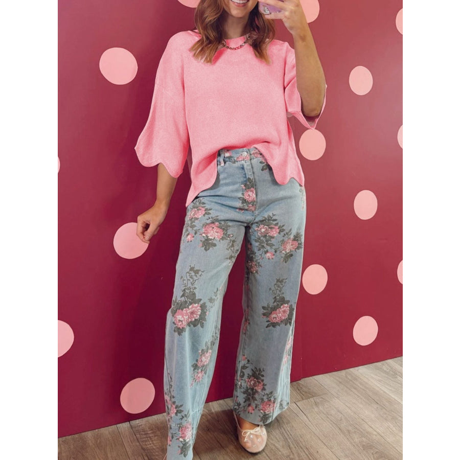 Scalloped Hem 3/4 Sleeve Sweater Top Apparel and Accessories