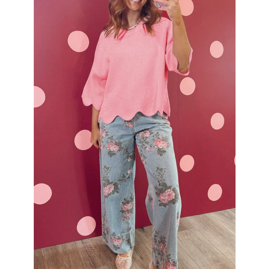 Scalloped Hem 3/4 Sleeve Sweater Top Apparel and Accessories