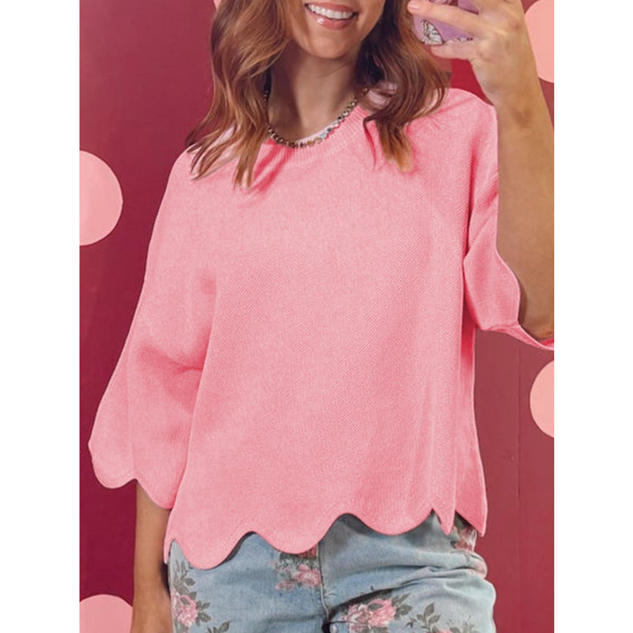 Scalloped Hem 3/4 Sleeve Sweater Top Dusty Pink / S Apparel and Accessories