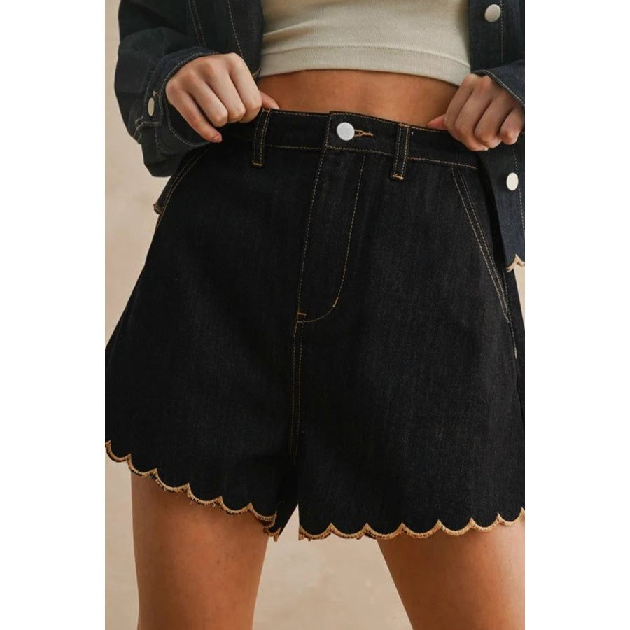 Scalloped Hem Denim Shorts Black / 4 Apparel and Accessories