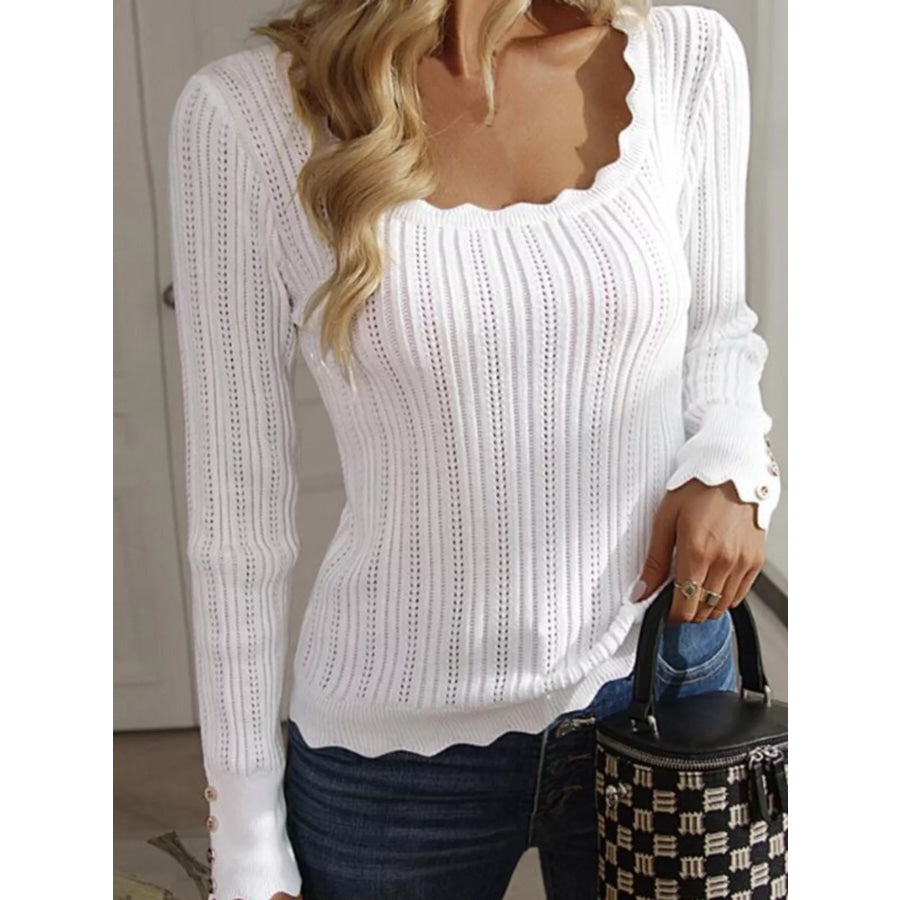 Scalloped Hem Openwork Long Sleeve Knit Top Apparel and Accessories