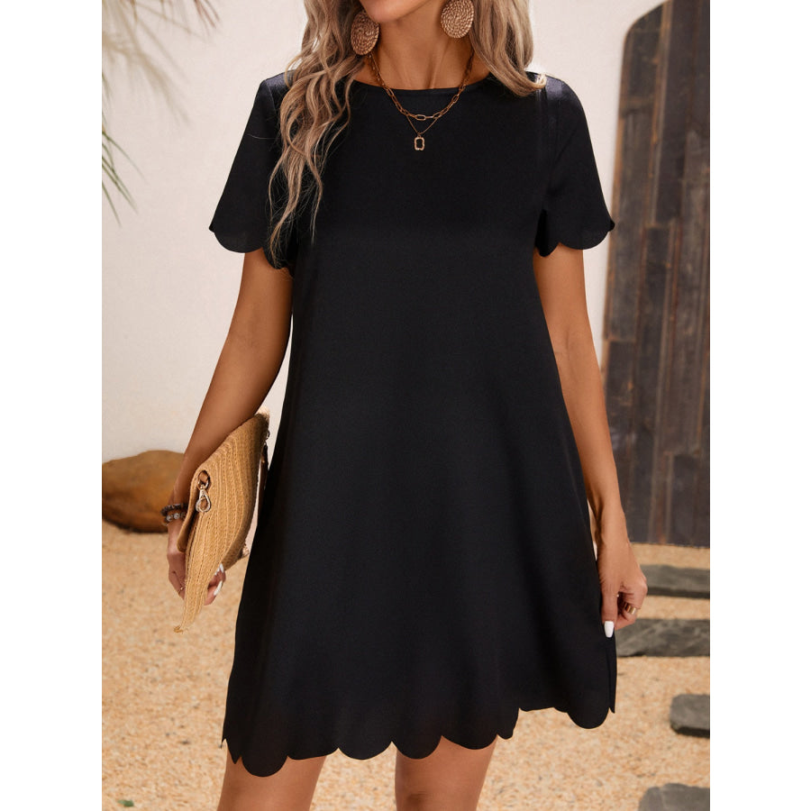 Scalloped Hem Round Neck Short Sleeve Dress Apparel and Accessories