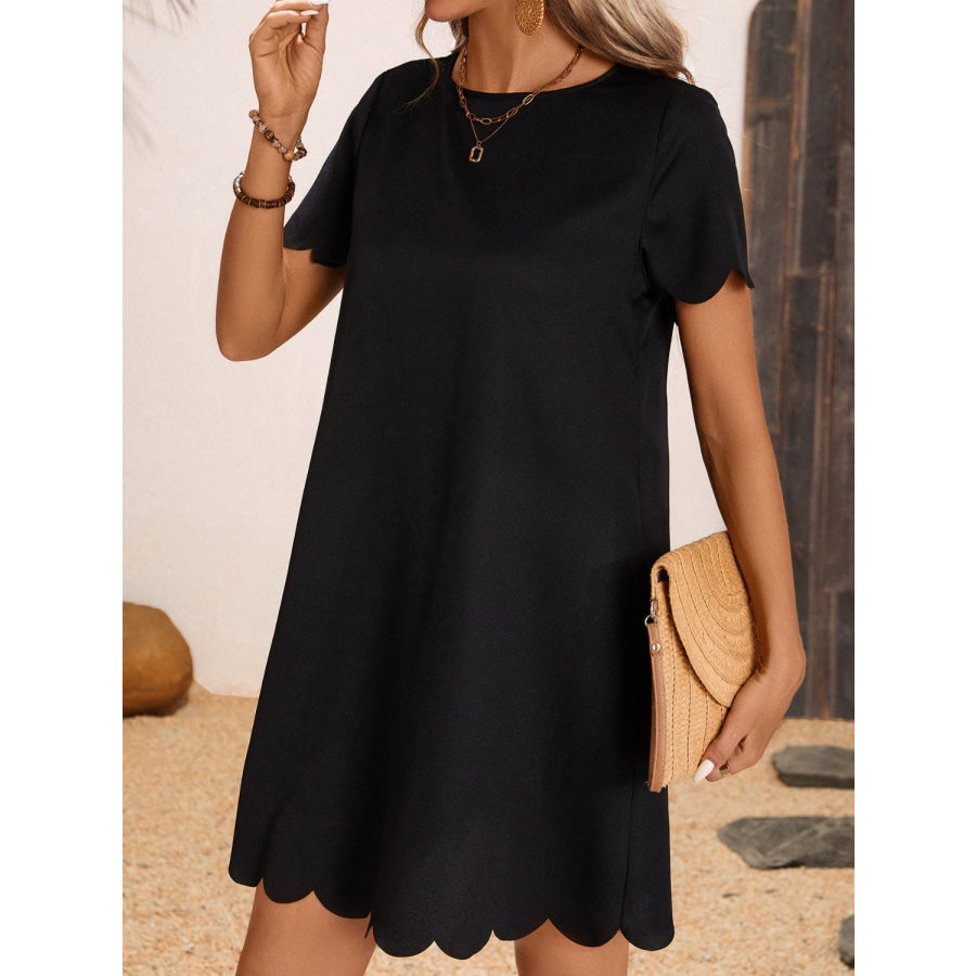 Scalloped Hem Round Neck Short Sleeve Dress Apparel and Accessories