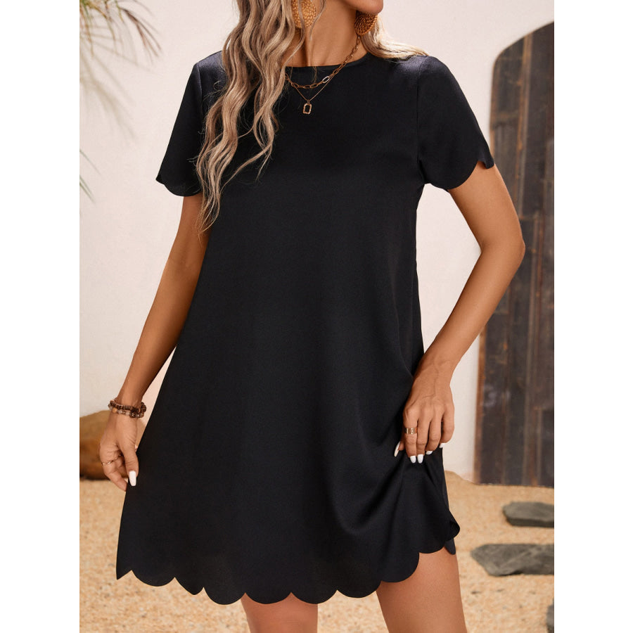 Scalloped Hem Round Neck Short Sleeve Dress Apparel and Accessories