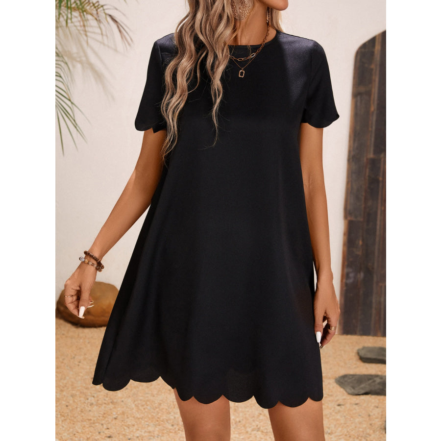 Scalloped Hem Round Neck Short Sleeve Dress Black / S Apparel and Accessories