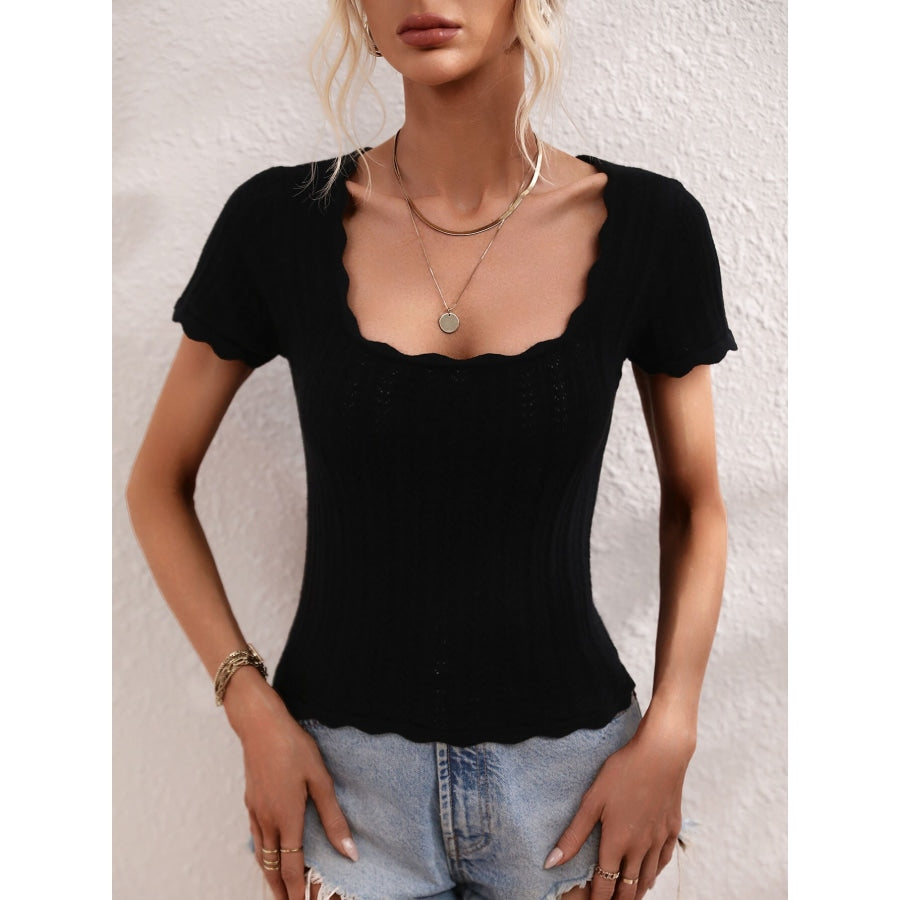 Scalloped Hem Square Neck Knit Top Black / S