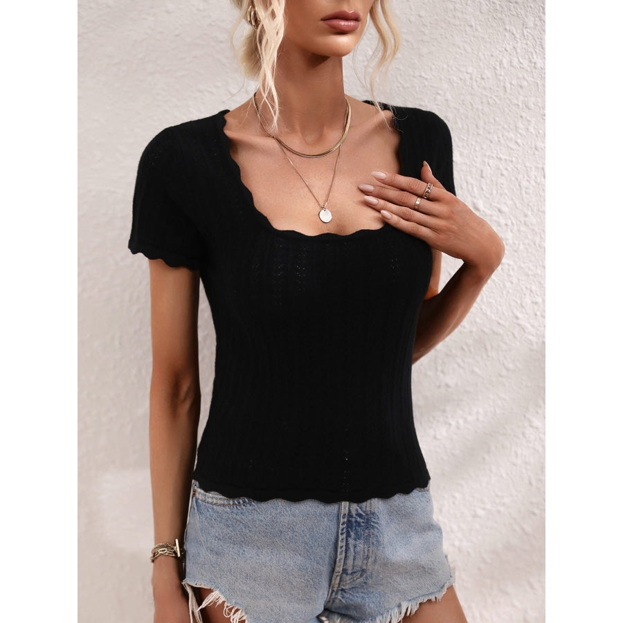 Scalloped Hem Square Neck Knit Top