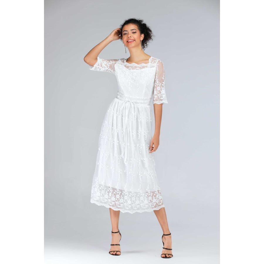 Scalloped Lace Half Sleeve Midi Dress White / S
