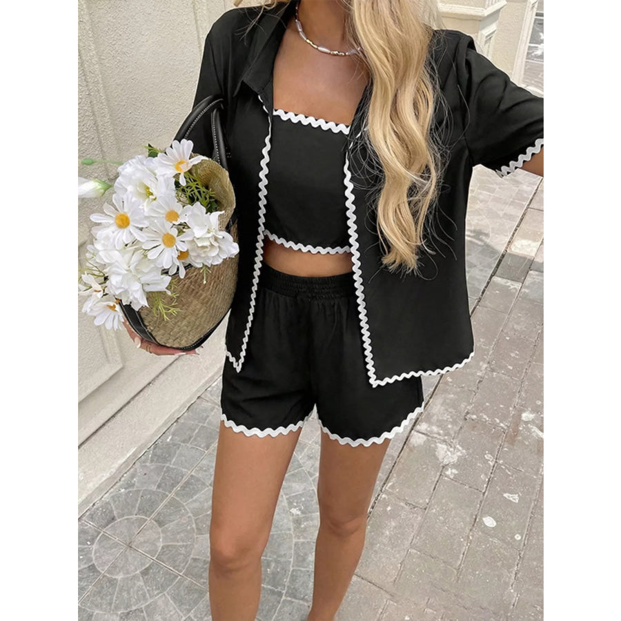 Scalloped Trim Cami & Cardigan & Shorts Set Apparel and Accessories