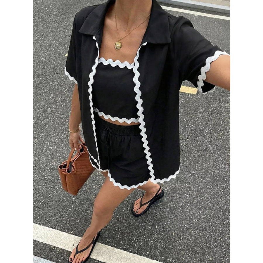 Scalloped Trim Cami & Cardigan & Shorts Set Black / S Apparel and Accessories