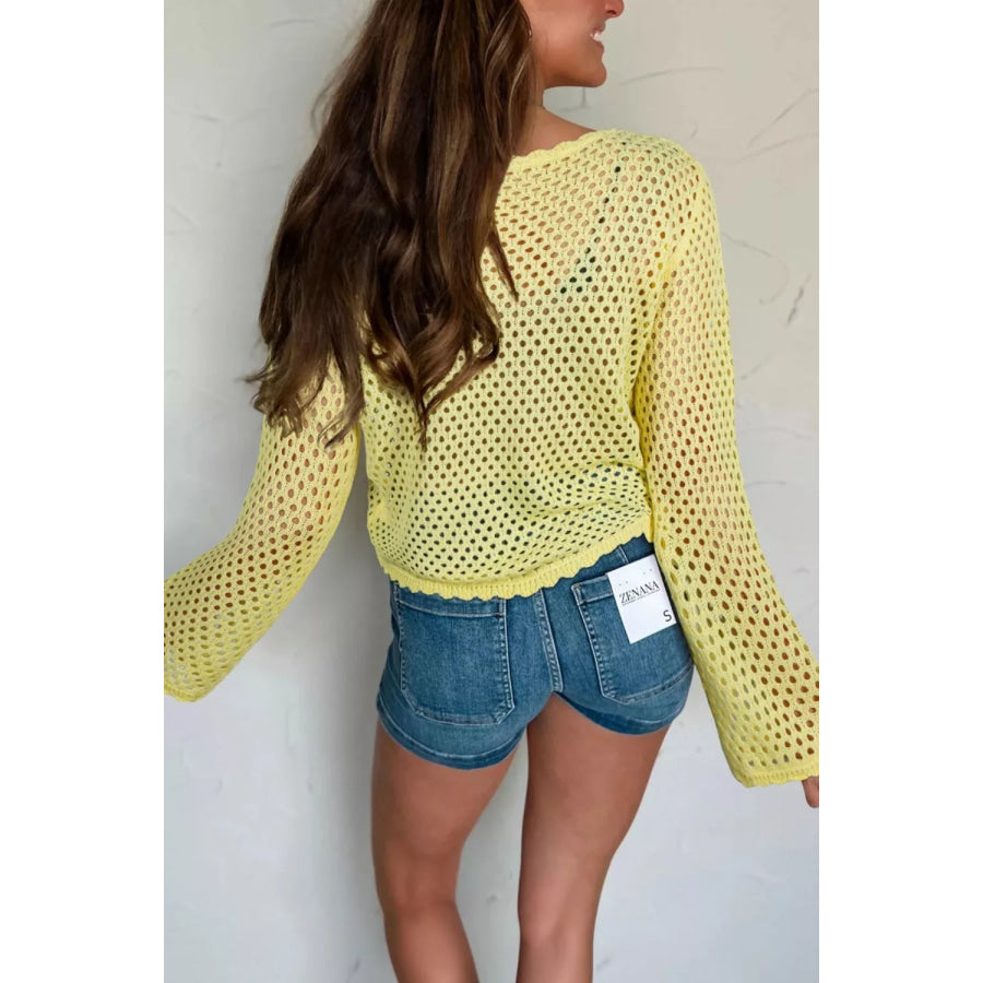 Scalloped Trim Hollow Out Knit Long Sleeve Top Apparel and Accessories