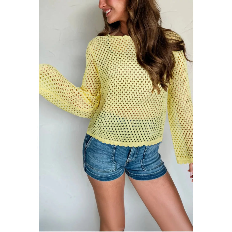 Scalloped Trim Hollow Out Knit Long Sleeve Top Apparel and Accessories