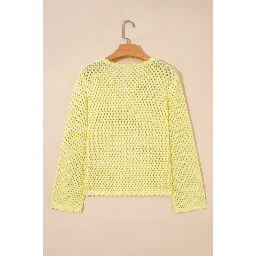 Scalloped Trim Hollow Out Knit Long Sleeve Top Apparel and Accessories