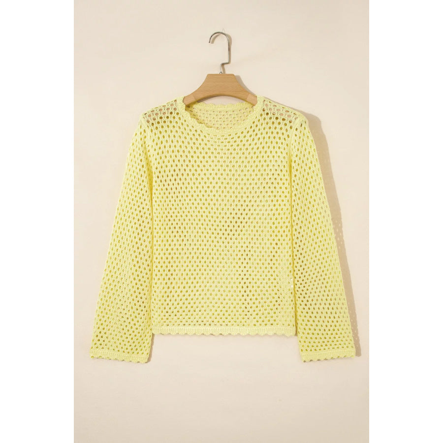 Scalloped Trim Hollow Out Knit Long Sleeve Top Apparel and Accessories