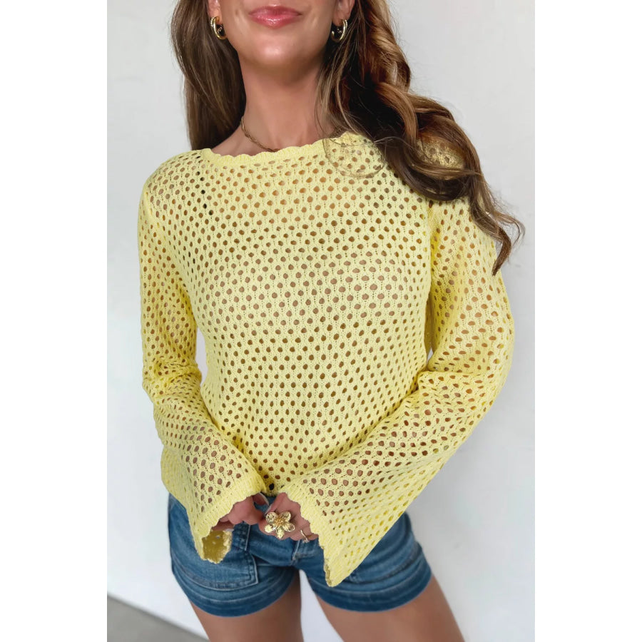 Scalloped Trim Hollow Out Knit Long Sleeve Top Pastel Yellow / S Apparel and Accessories