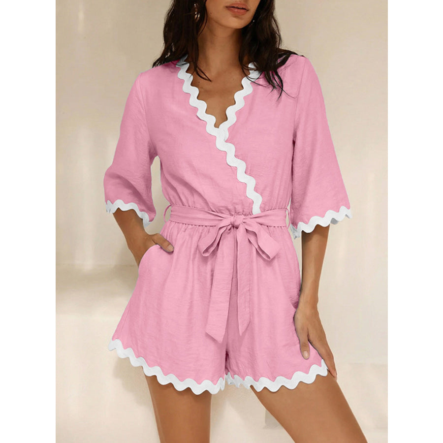 Scalloped Trim Wrap Romper Pink / S Apparel and Accessories