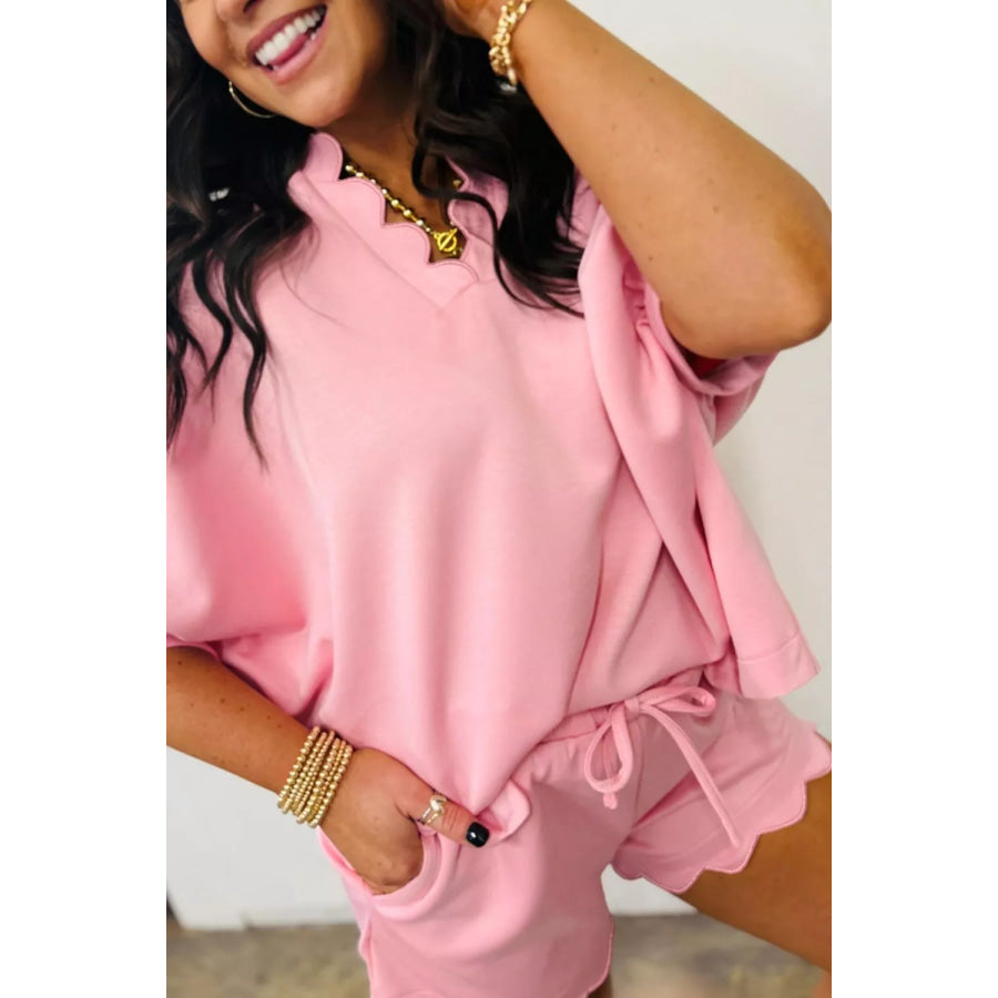 Scalloped V Neck Dolman Oversize Top Drawstring Short Set Apparel and Accessories