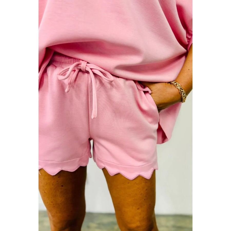 Scalloped V Neck Dolman Oversize Top Drawstring Short Set Apparel and Accessories