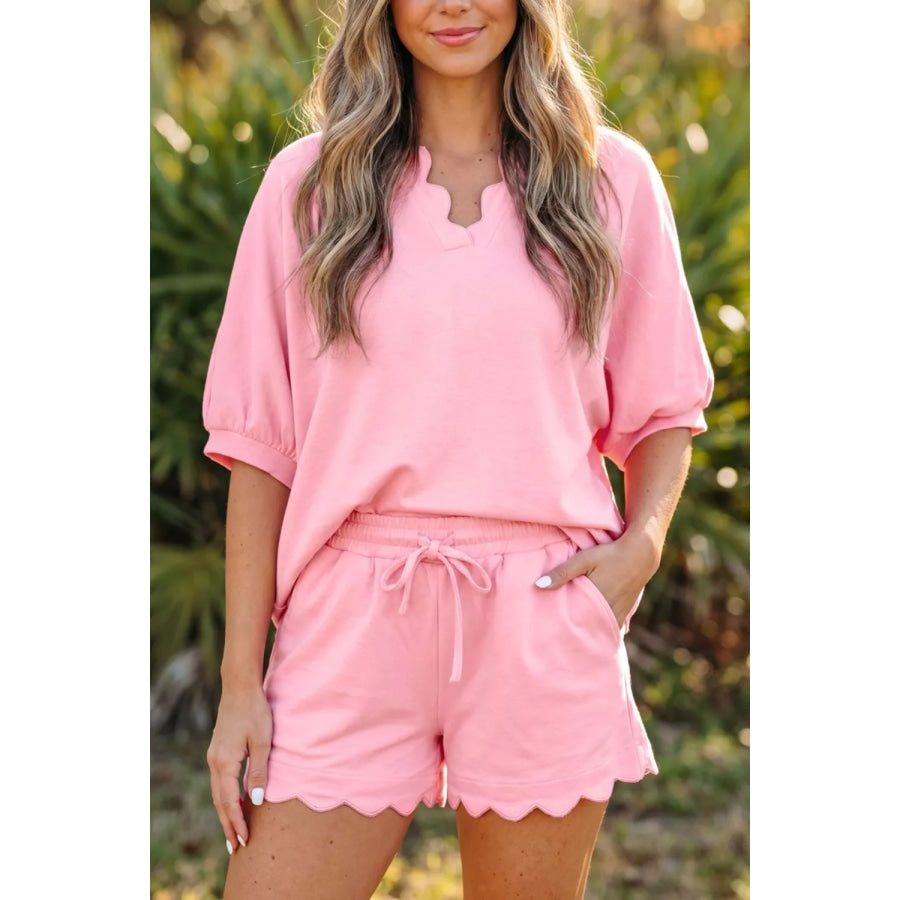 Scalloped V Neck Dolman Oversize Top Drawstring Short Set Blush Pink / S Apparel and Accessories