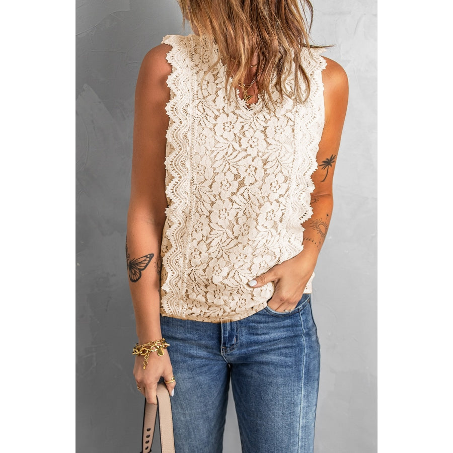 Scalloped V-Neck Lace Tank