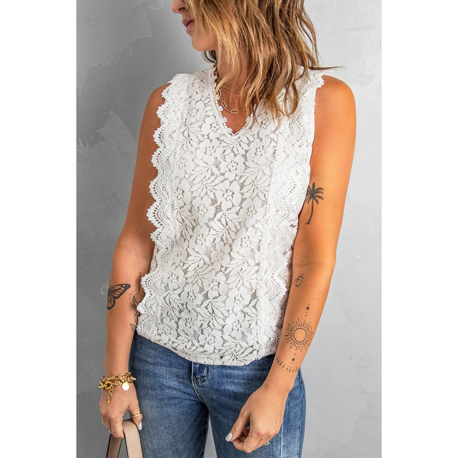 Scalloped V-Neck Lace Tank White / S