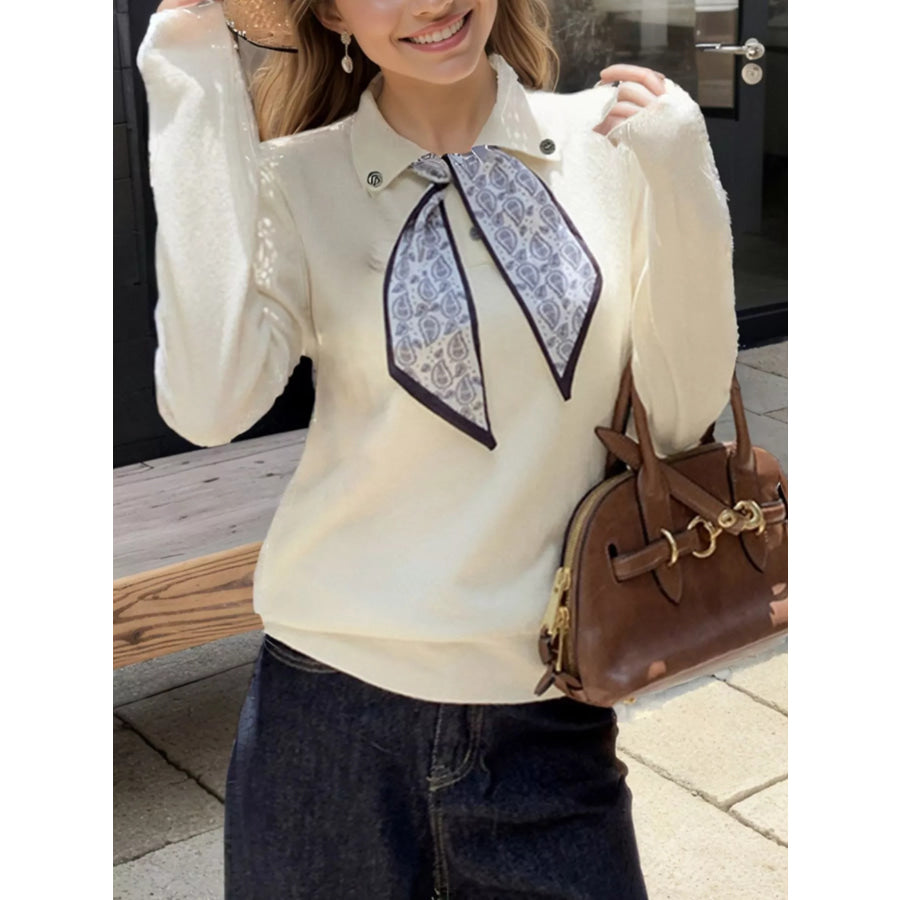 Scarf-Accented Long Sleeve Sweater Beige / One Size Apparel and Accessories