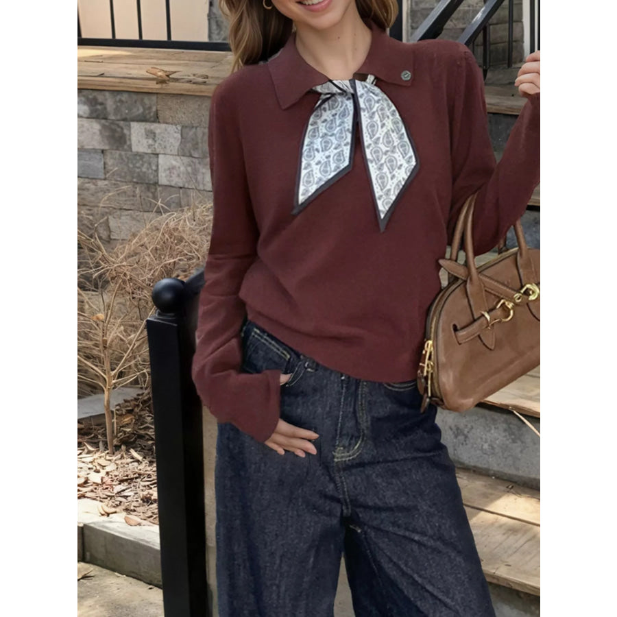 Scarf-Accented Long Sleeve Sweater Burgundy / One Size Apparel and Accessories
