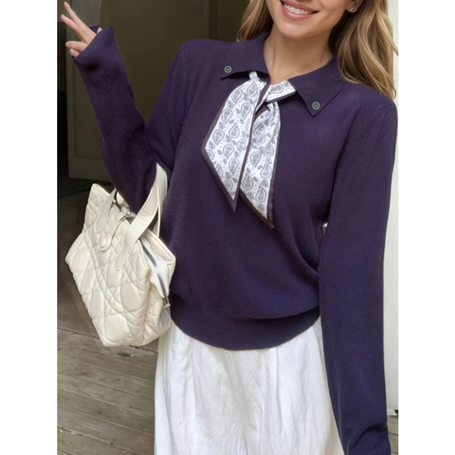 Scarf-Accented Long Sleeve Sweater Dark Navy / One Size Apparel and Accessories