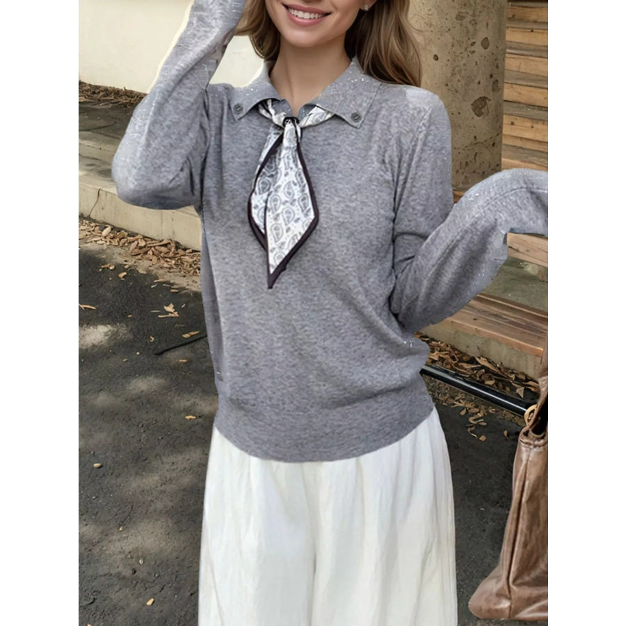 Scarf-Accented Long Sleeve Sweater Gray / One Size Apparel and Accessories