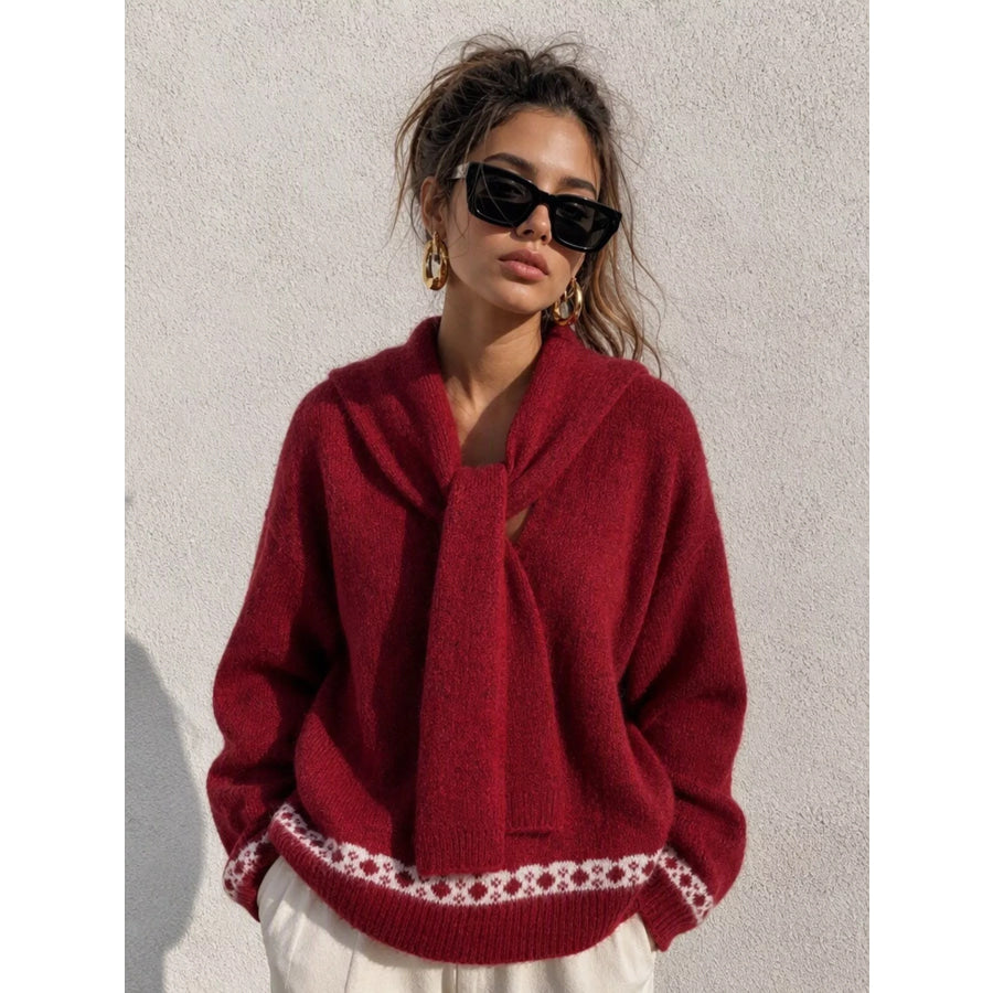 Scarf Detail Dropped Shoulder Sweater Apparel and Accessories