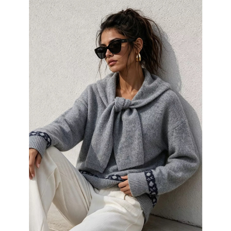 Scarf Detail Dropped Shoulder Sweater Apparel and Accessories