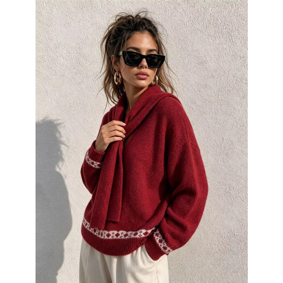 Scarf Detail Dropped Shoulder Sweater Apparel and Accessories