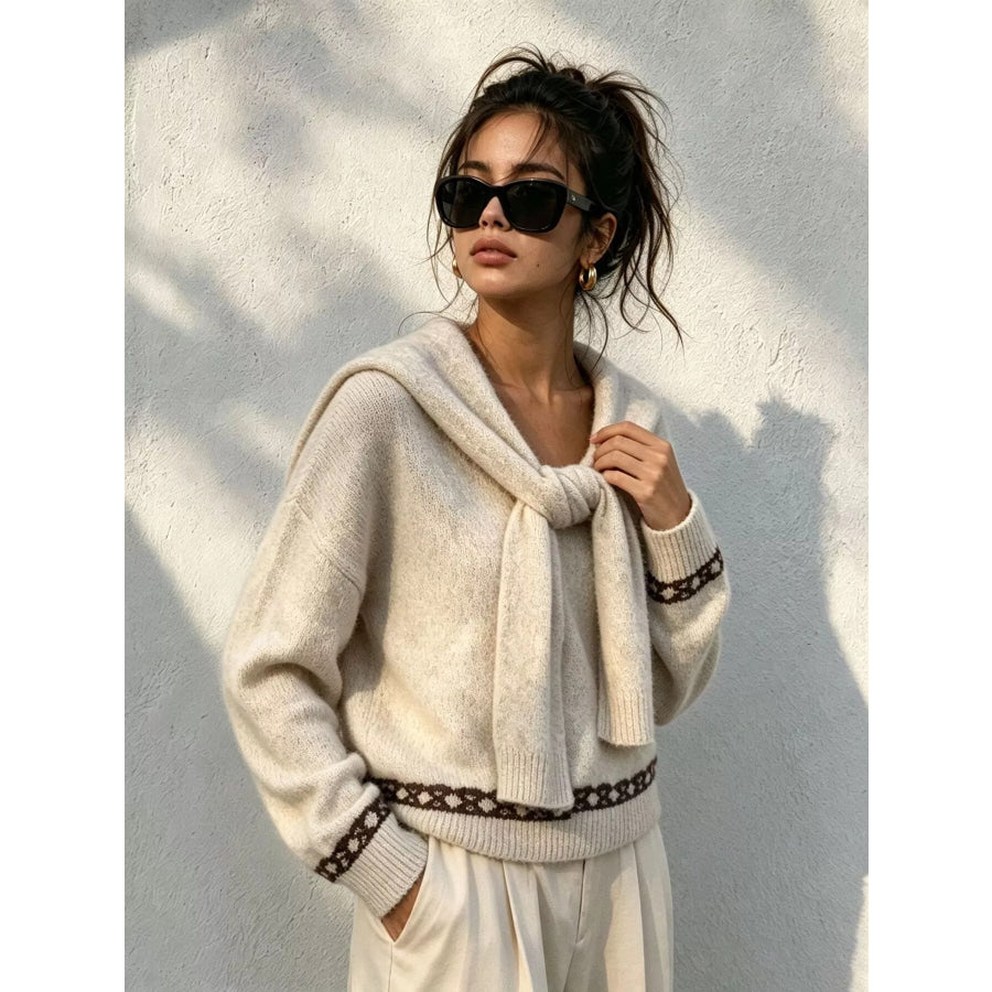 Scarf Detail Dropped Shoulder Sweater Apparel and Accessories