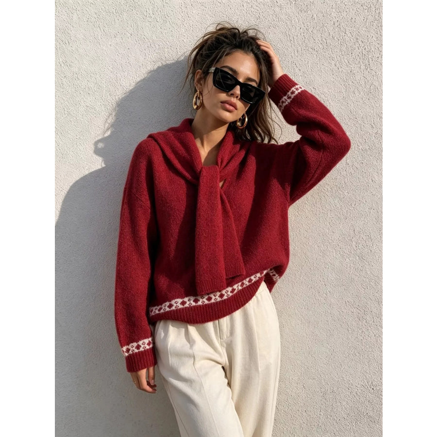 Scarf Detail Dropped Shoulder Sweater Apparel and Accessories