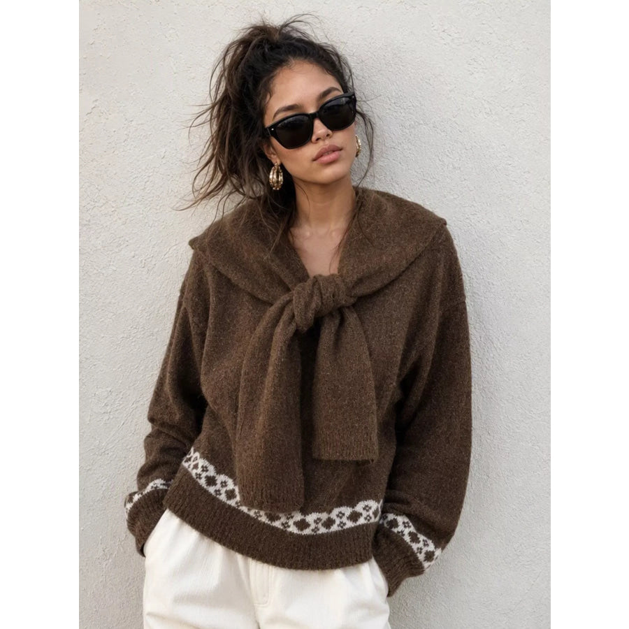 Scarf Detail Dropped Shoulder Sweater Brown / One Size Apparel and Accessories