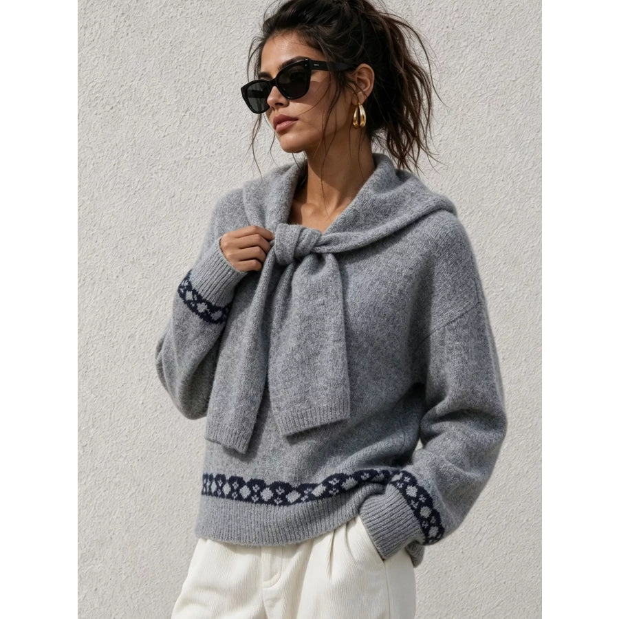 Scarf Detail Dropped Shoulder Sweater Gray / One Size Apparel and Accessories