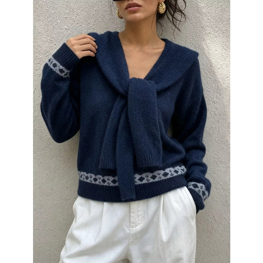 Scarf Detail Dropped Shoulder Sweater Navy Blue / One Size Apparel and Accessories