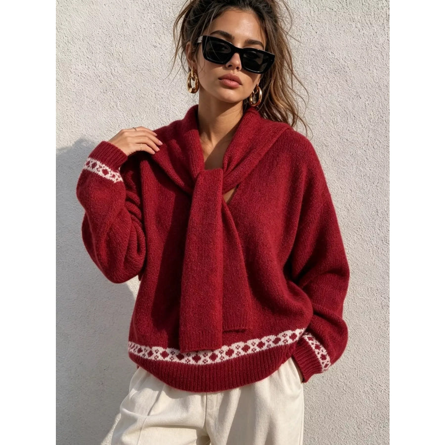 Scarf Detail Dropped Shoulder Sweater Red / One Size Apparel and Accessories
