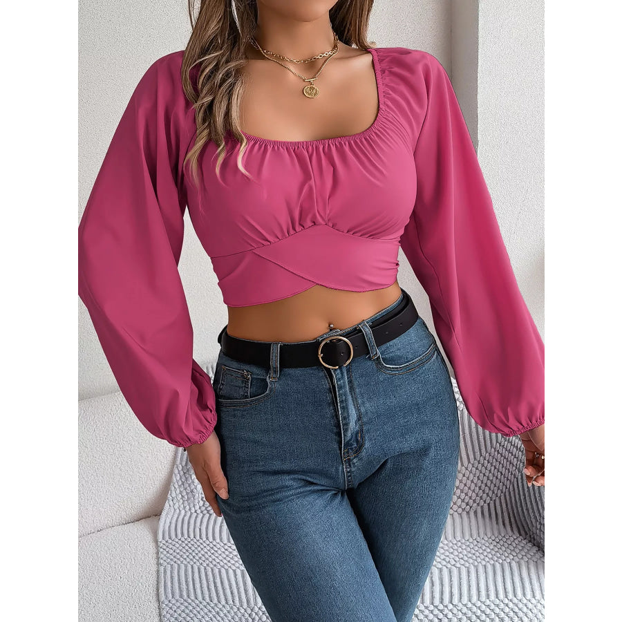 Scoop Neck Balloon Sleeve Cropped Blouse Apparel and Accessories