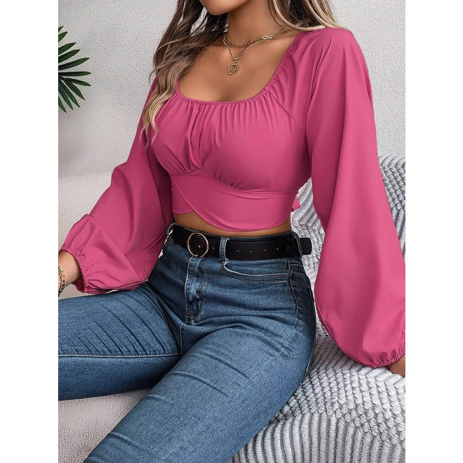 Scoop Neck Balloon Sleeve Cropped Blouse Apparel and Accessories